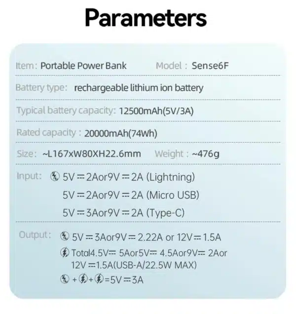 ⁦סוללת גיבוי/מטען נייד ROMOSS Sense 6 22.5W 20,000mAh⁩ – תמונה ⁦3⁩